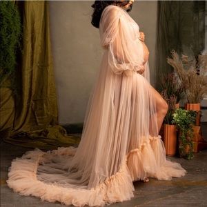 CUSTOM Oversized Blush Rose-Gold Tan Sheer Tulle Maternity Robe - Size 6